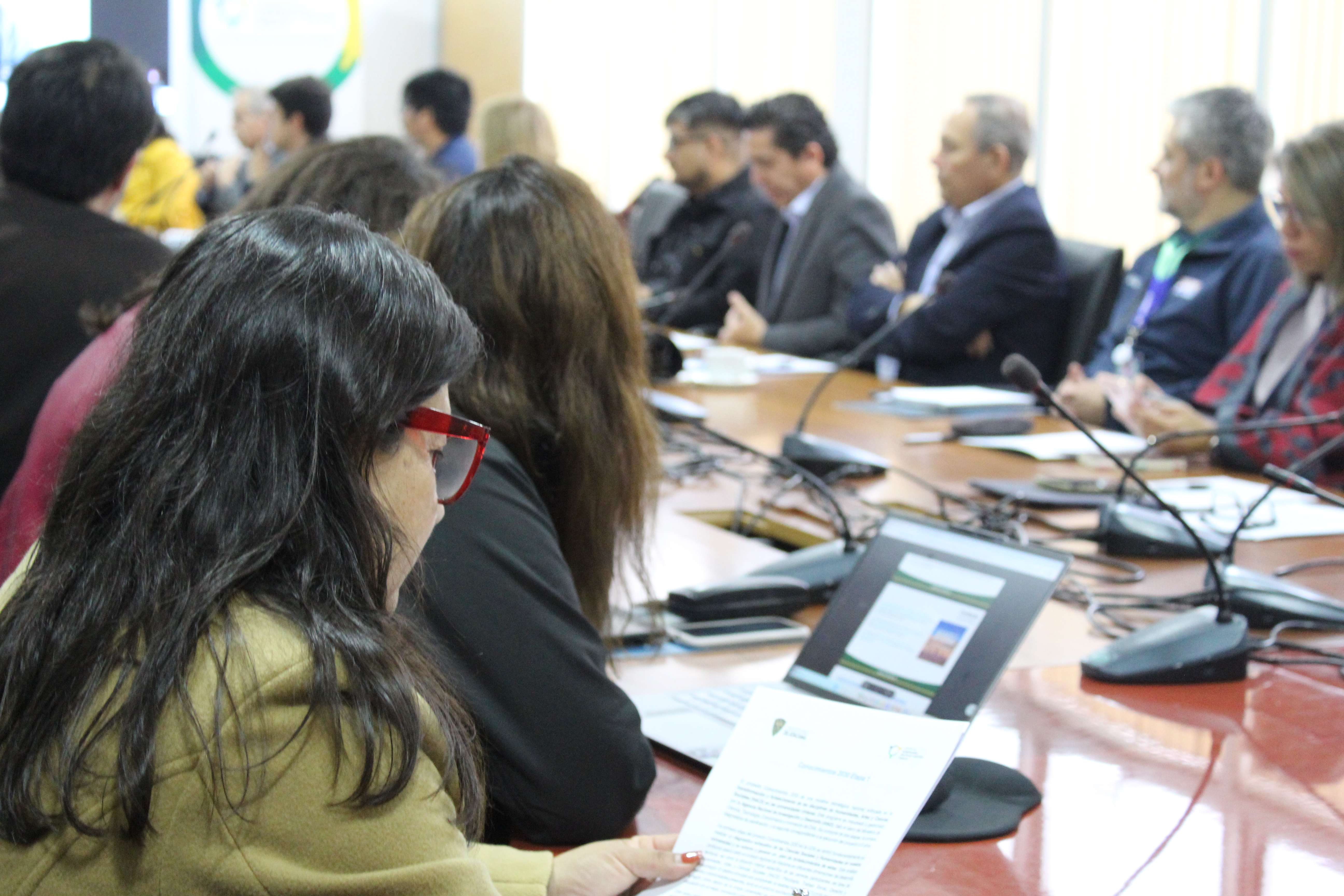 Mesa de reuniones con micrófonos y computadores, con personas sentadas alrededor. En la esquina inferior derecha se ve una mujer de cabello largo y negro, gafas rojas y una chaqueta de tela beige, sosteniendo un documento escrito.